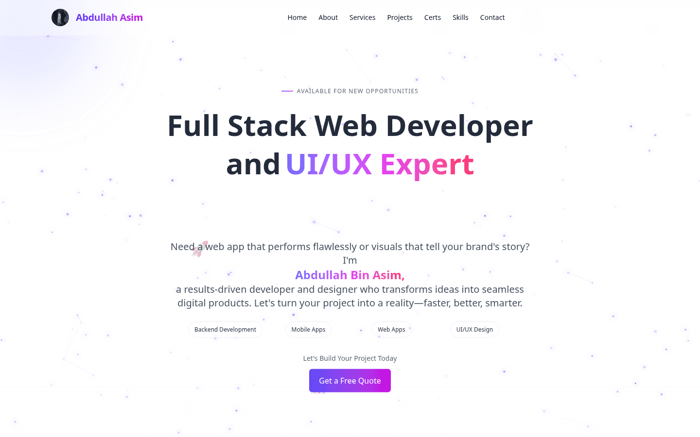 Portfolio hero with animated headline