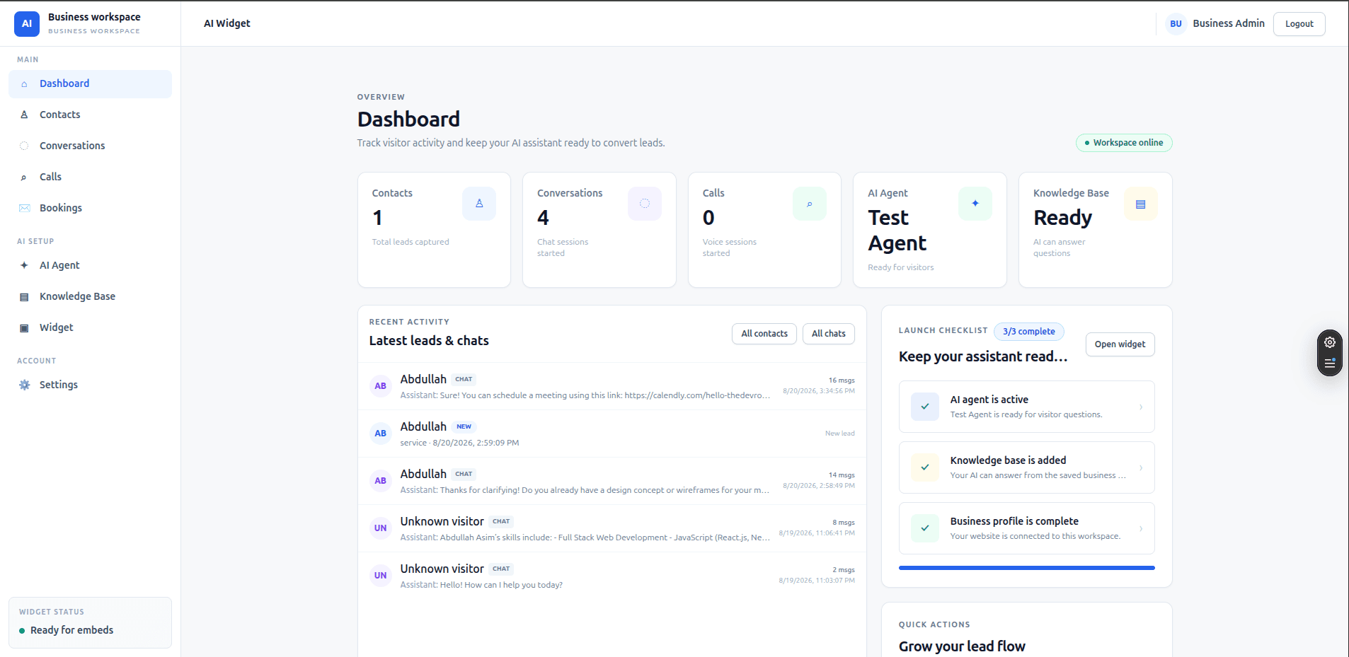 FrontDesk AI chat and call widget dashboard showing agent configuration, captured leads and conversations