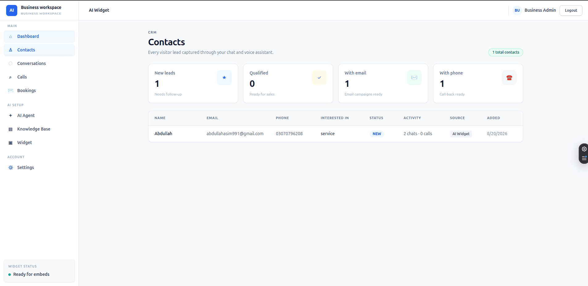 AI agent configuration screen with fields for agent name, tone, language and system instructions