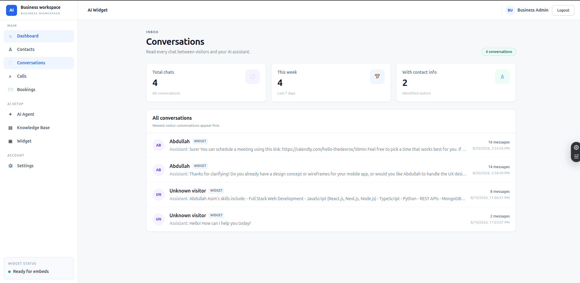 Conversations list showing visitor names, last message preview and status badges