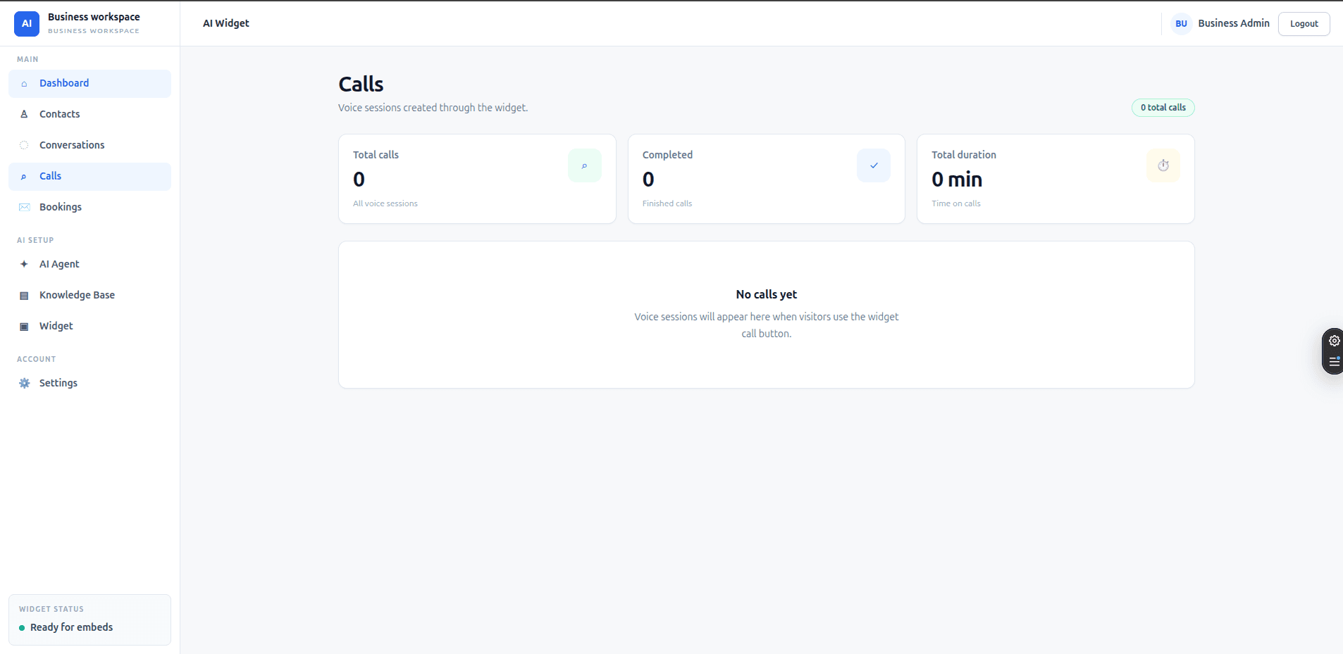 Calls page showing empty state with zero calls recorded