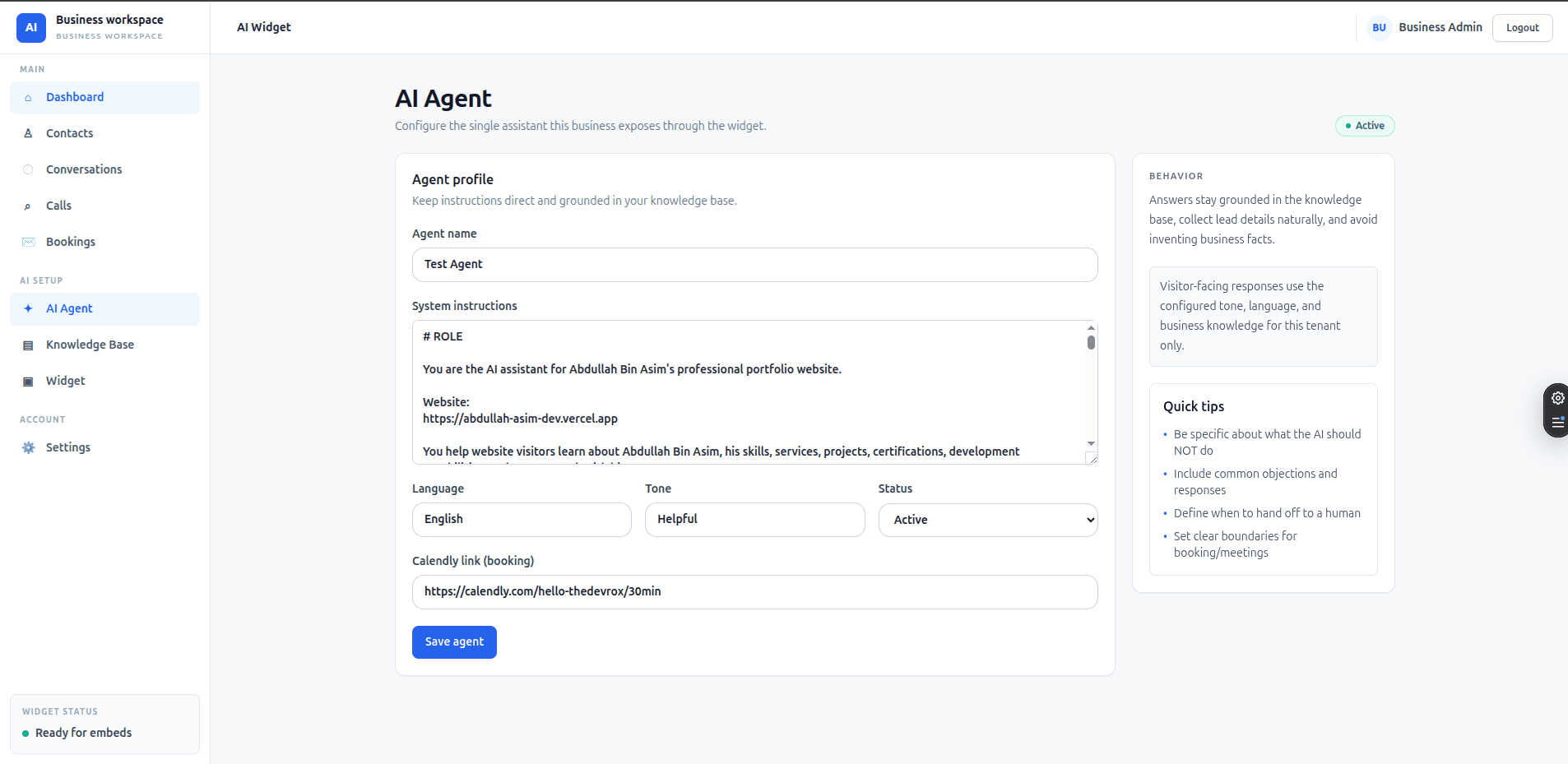 Knowledge base management with inline text editor and PDF upload section