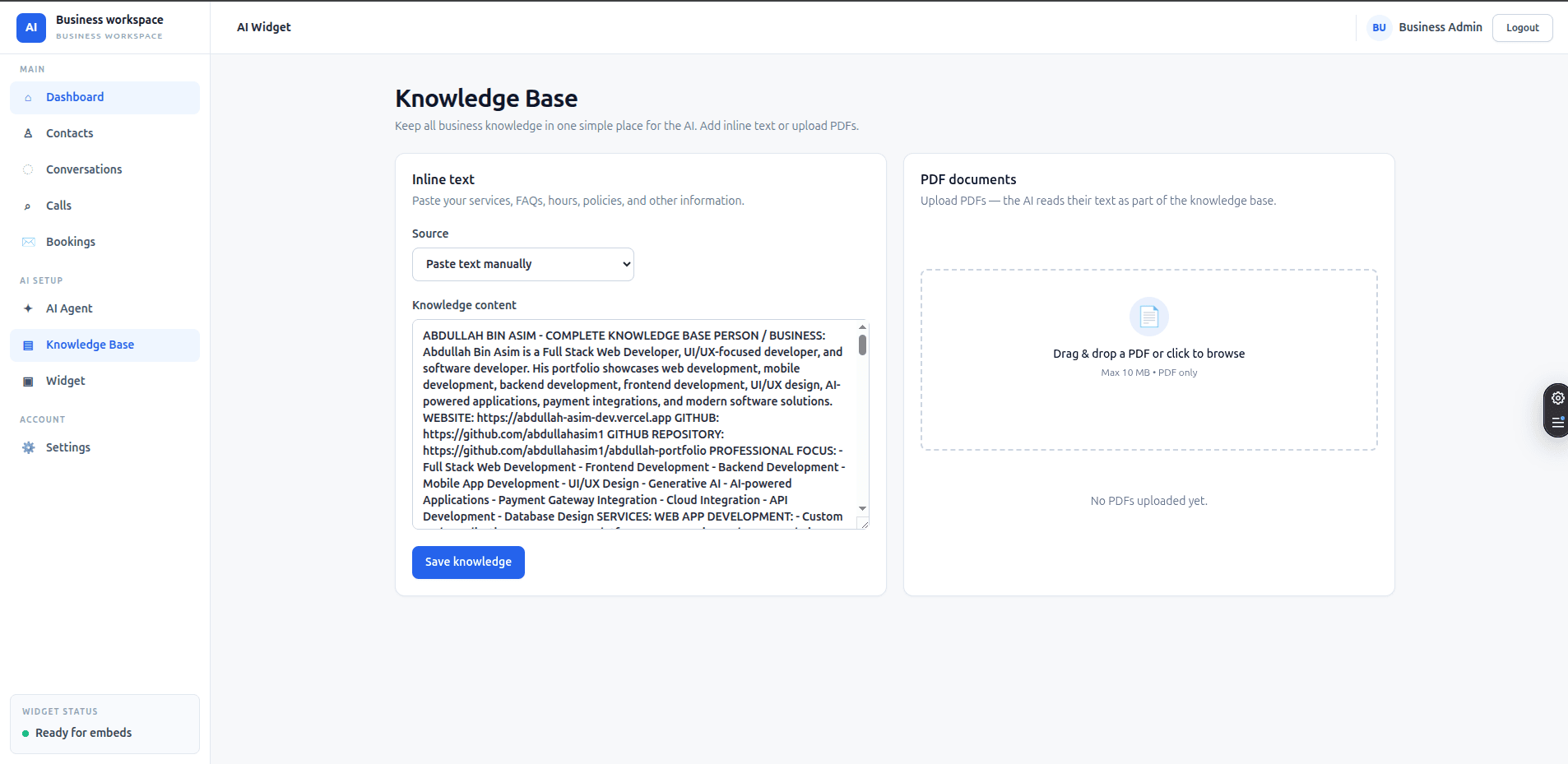 Leads and contacts table with visitor details, source and last interaction time