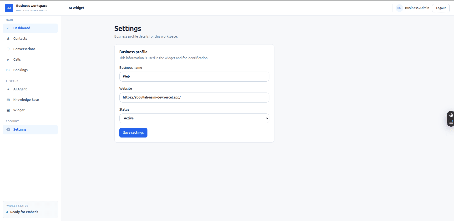 Widget preview and embed code configuration for allowed origins and branding