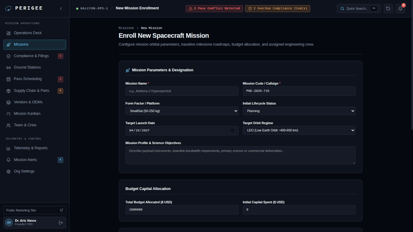 New spacecraft mission enrollment form in the Perigee mission operations platform, showing orbital parameters, mission designation, launch date, lifecycle status, and budget allocation fields.