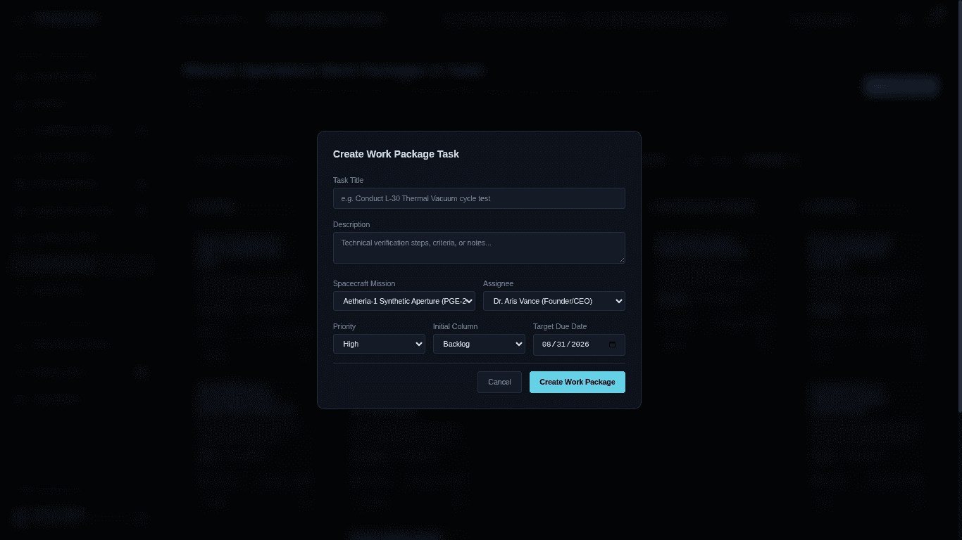 Perigee work package creation dialog for assigning a technical task to a spacecraft mission, engineering assignee, priority, workflow column, and target due date.