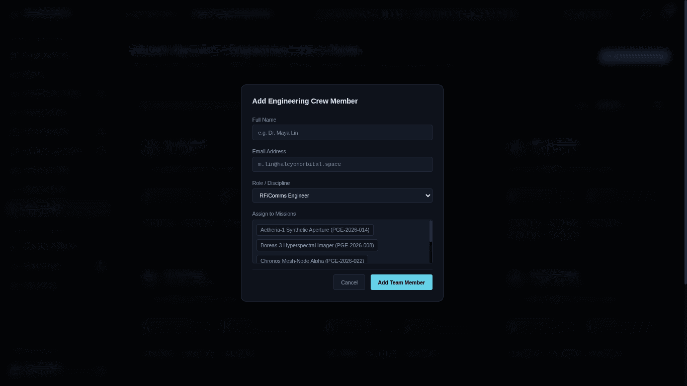 Perigee dialog for adding an engineering crew member with name, email, discipline, and spacecraft mission assignments.