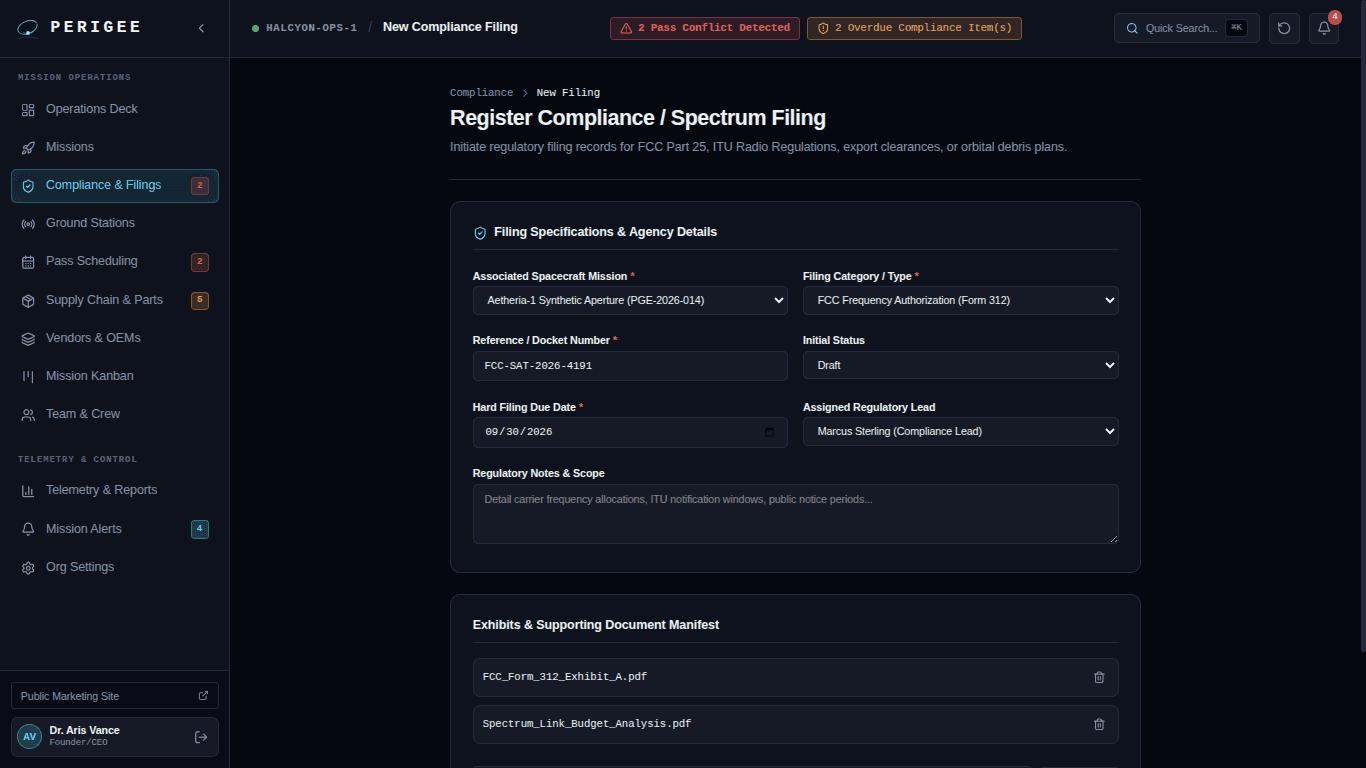 New regulatory and spectrum filing form in Perigee showing associated spacecraft mission, filing category, reference number, due date, regulatory lead, and supporting exhibits.