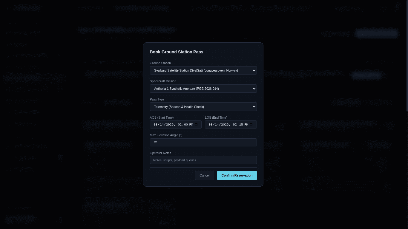 Perigee ground station pass booking dialog for selecting a station, spacecraft mission, pass type, AOS and LOS times, maximum elevation, and operator notes.