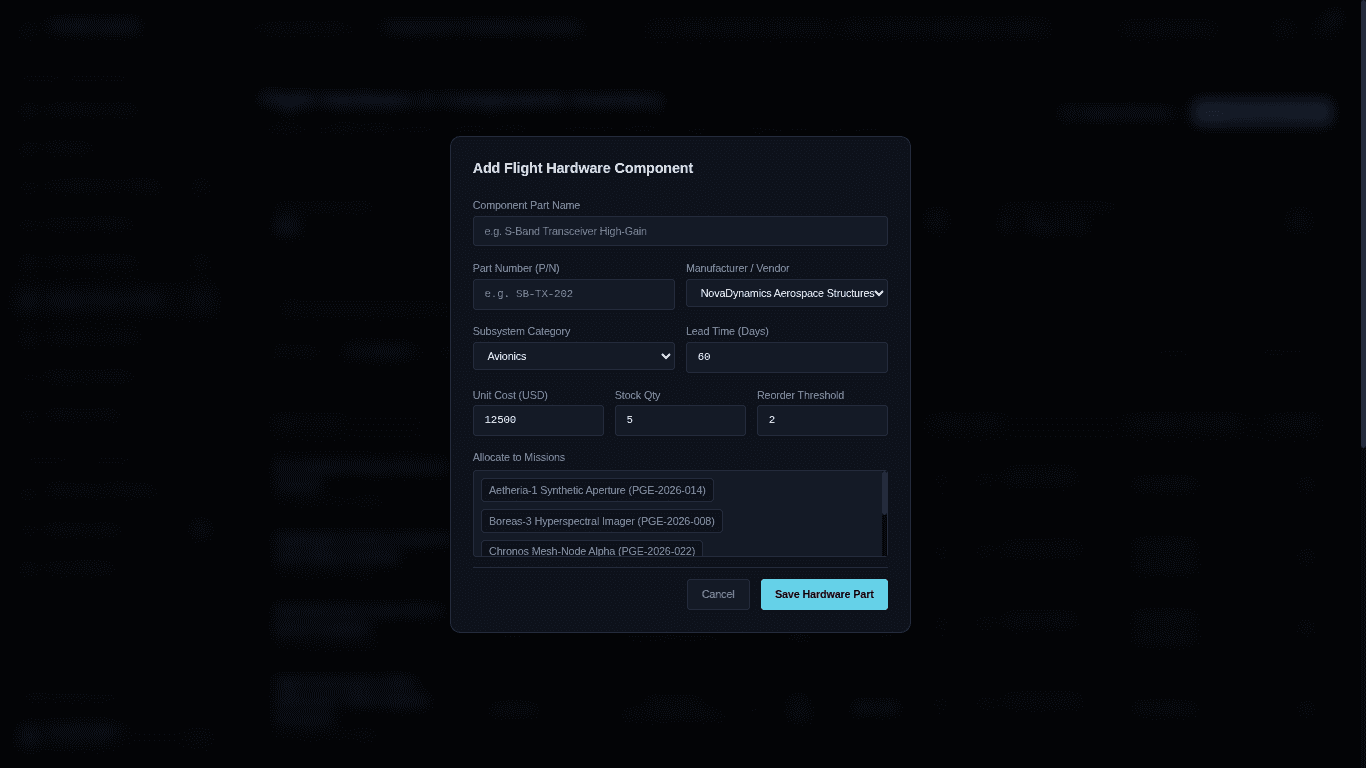 Perigee dialog for adding a flight hardware component with part number, manufacturer, subsystem category, lead time, unit cost, stock quantity, reorder threshold, and mission allocations.