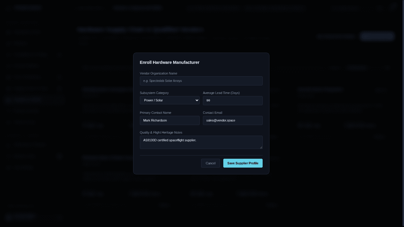 Perigee supplier enrollment form for registering an aerospace hardware manufacturer with organization details, subsystem category, lead time, contact information, and quality certifications.