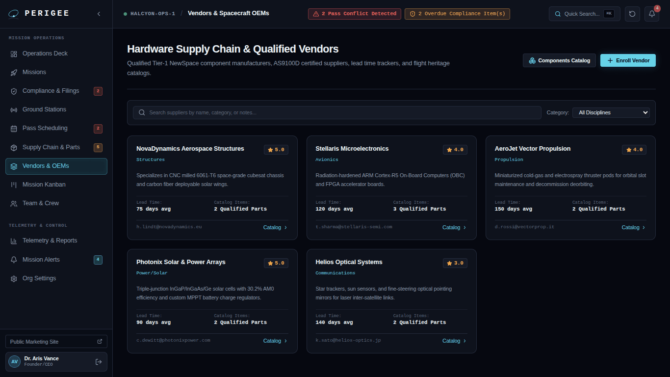 Perigee hardware supply chain and qualified vendors dashboard showing aerospace suppliers, disciplines, reliability ratings, lead times, and qualified catalog items.