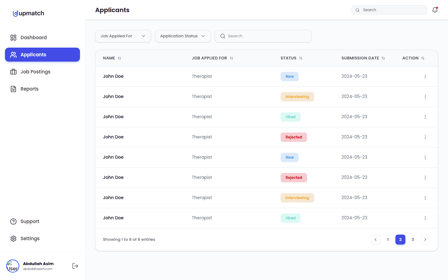 Applicants pipeline table with status badges