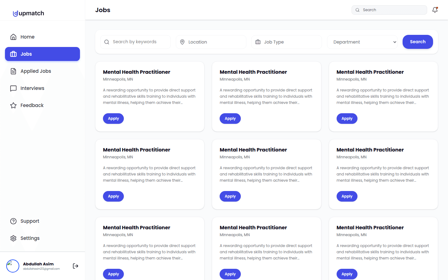 Candidate job board with search and filters