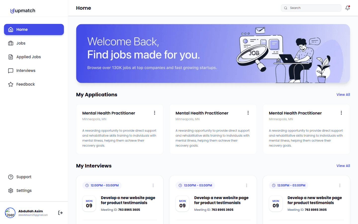 Candidate dashboard with applications and interviews